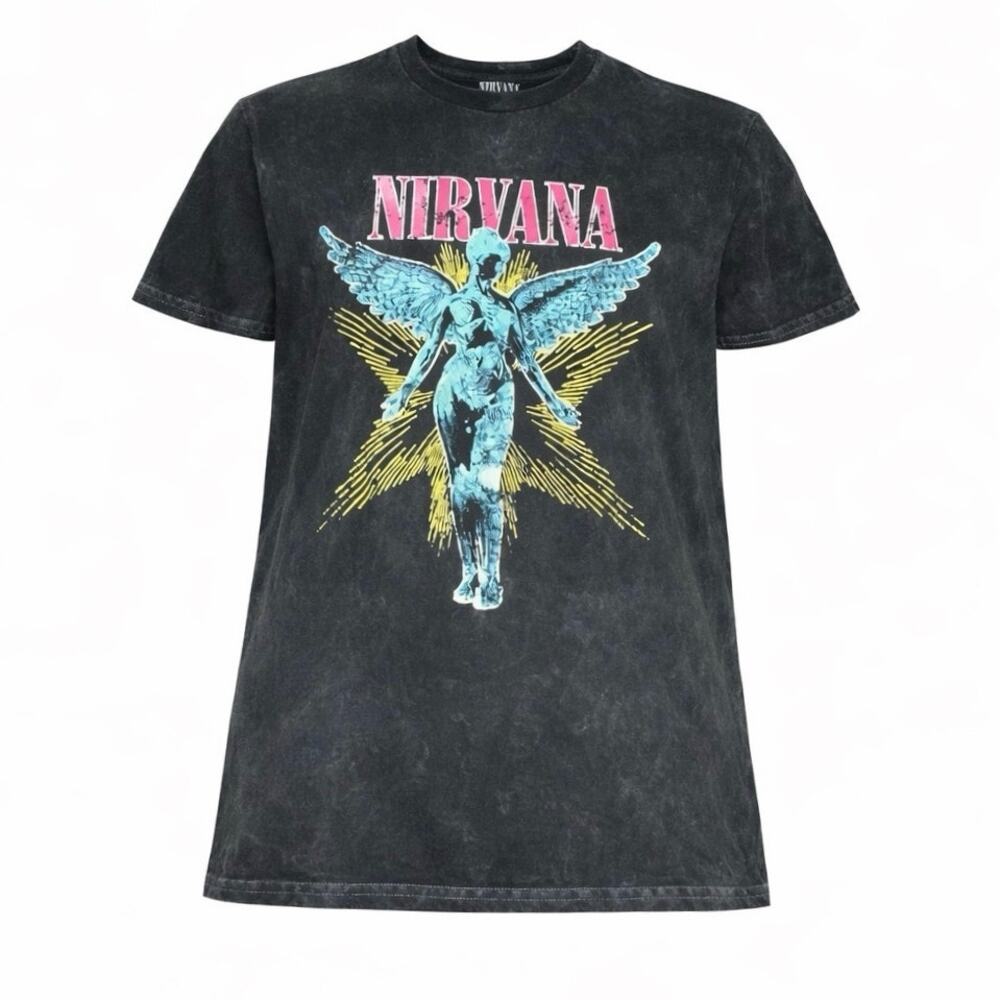 Nirvana Angel Graphic T-Shirt Black Acid Wash Size M